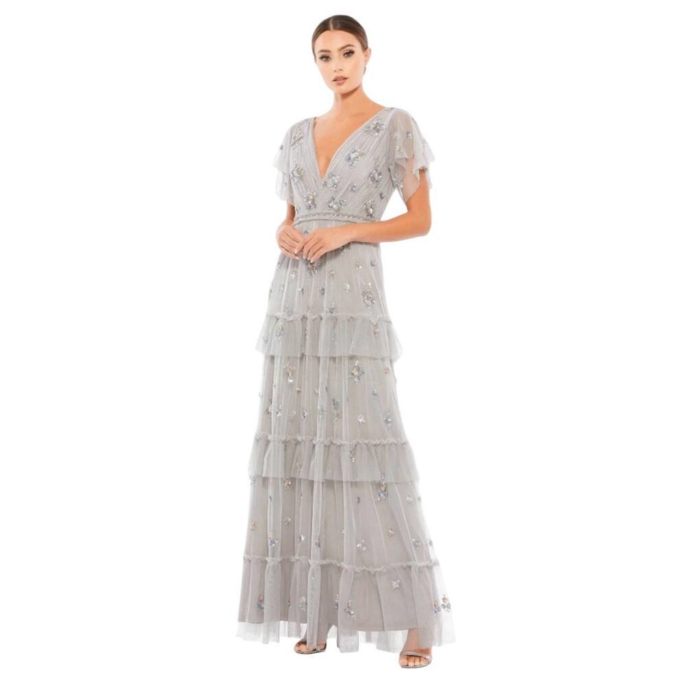 Mac Duggal 9068 Ruffled Tiered Embellished Flutter Sleeve Gown Size 10 $598
